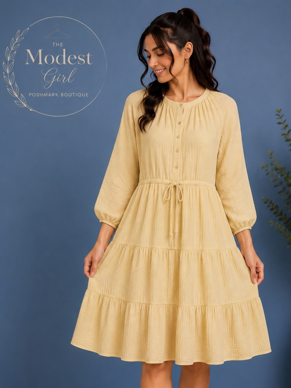Women's Cream Tiered Button-Front Midi Dress with Drawstring Waist